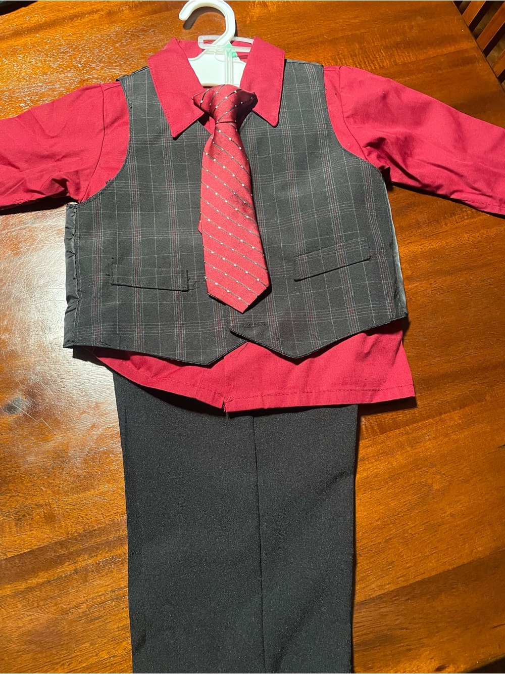 Boys Red Dress Shirt with Plaid Gray Vest & Tie Set